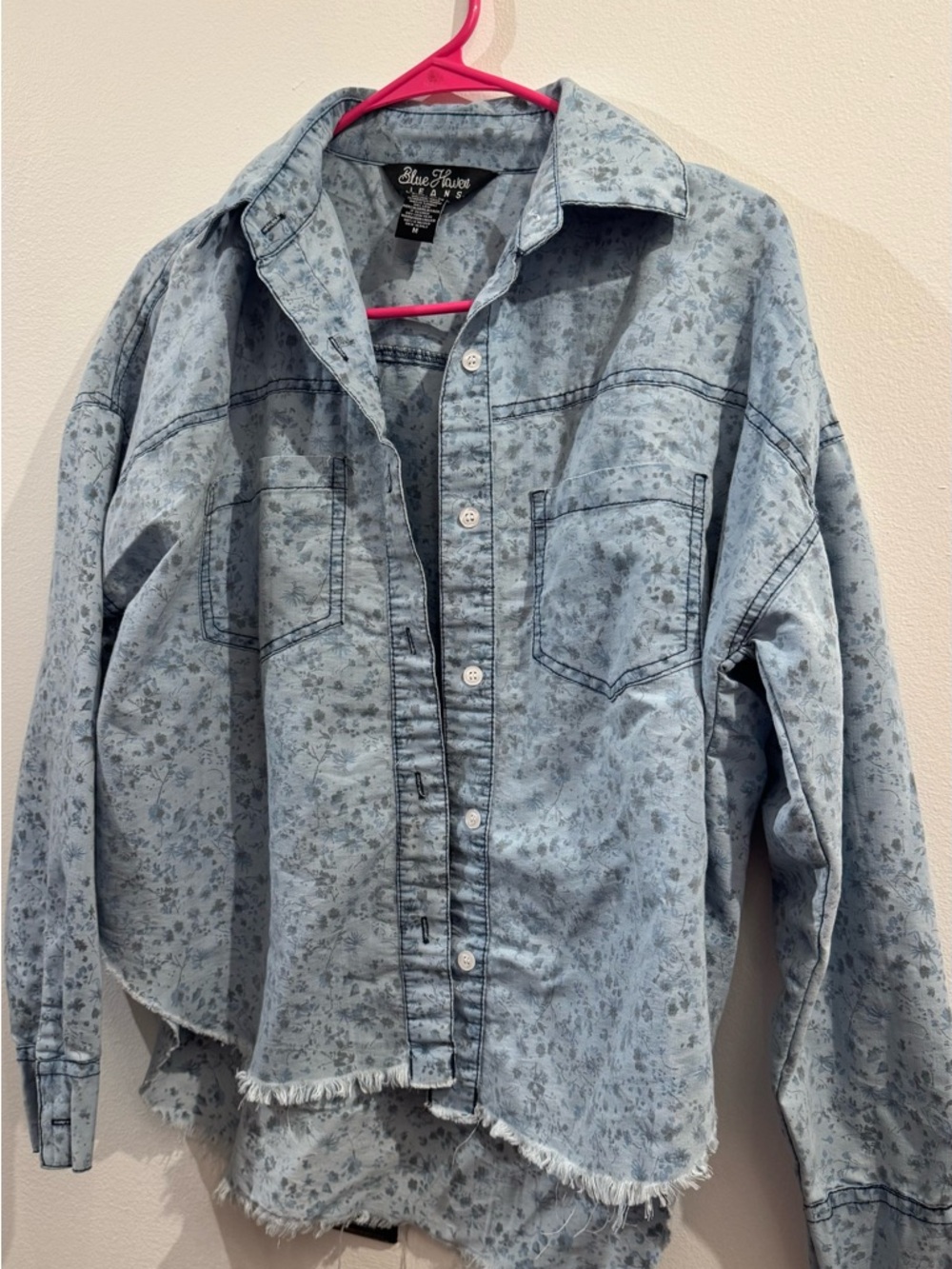 Blue Haven Light Floral Denim Button down raw hem Shirt